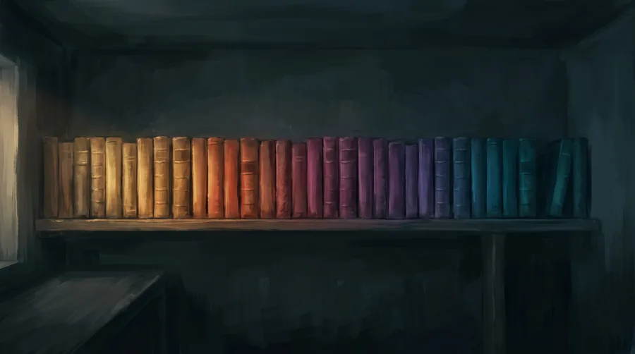 Painting of a shelf of about thirty plain book spines, their colour running from gold on the left to deep blue on the right